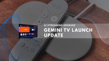 Gemini TV launch update showing remote, device with streaming apps like Apple TV.