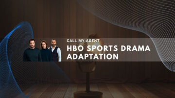 HBO Sports Drama Adaptation promotional image with three figures and blue wave patterns.