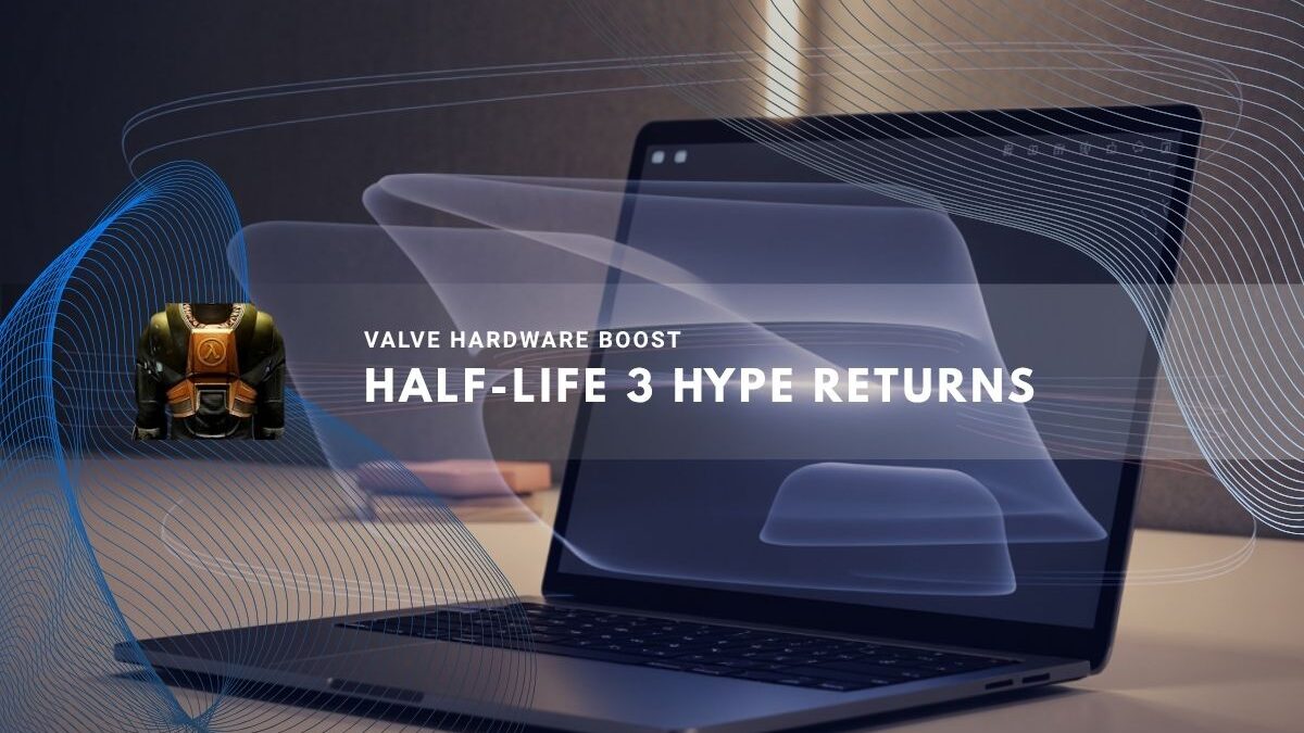 Laptop on desk with faint holographic display of a gaming logo.