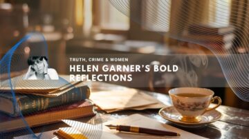 Helen Garner pictured beside writing desk with tea and open notebook