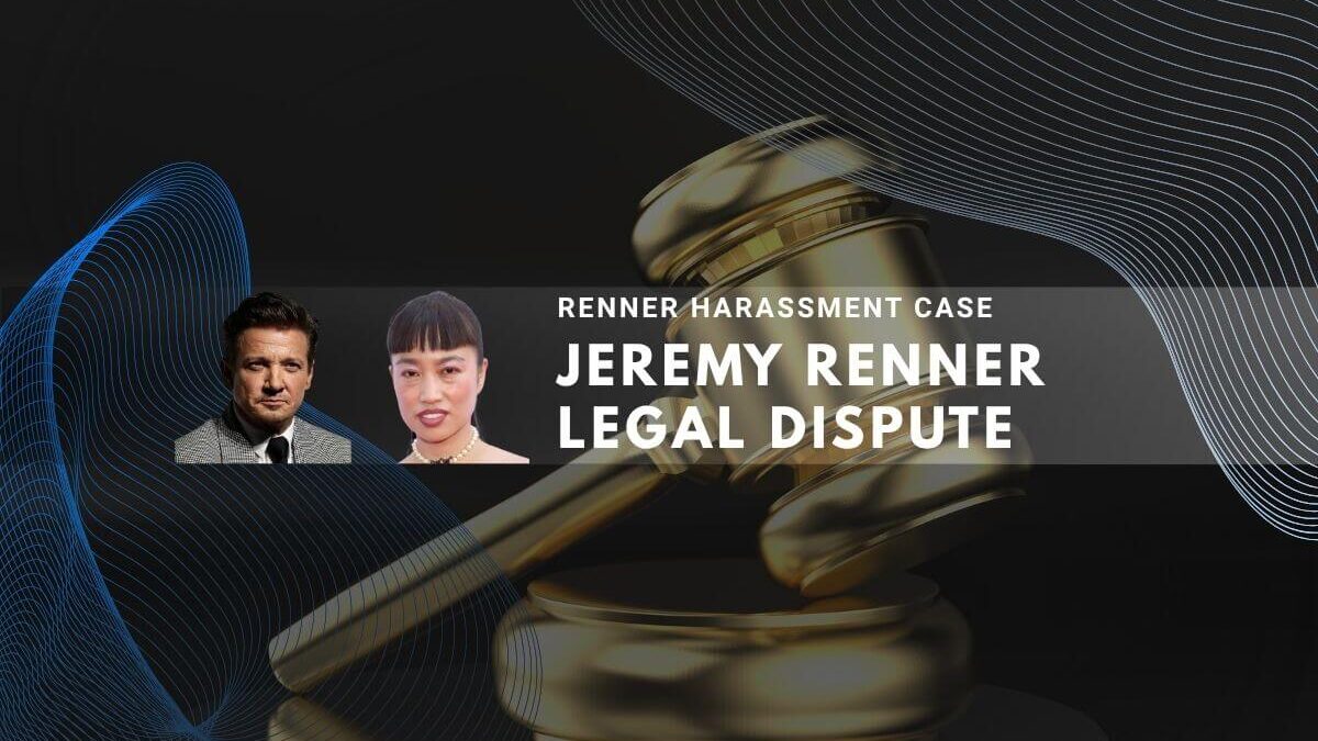 Jeremy Renner legal dispute with golden gavel and figures on dark background