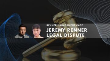 Jeremy Renner legal dispute with golden gavel and figures on dark background