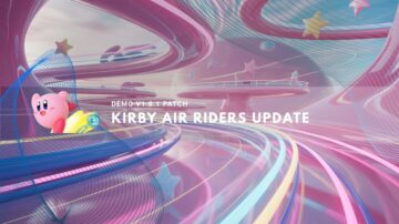 Kirby races through a glowing, futuristic pastel track.