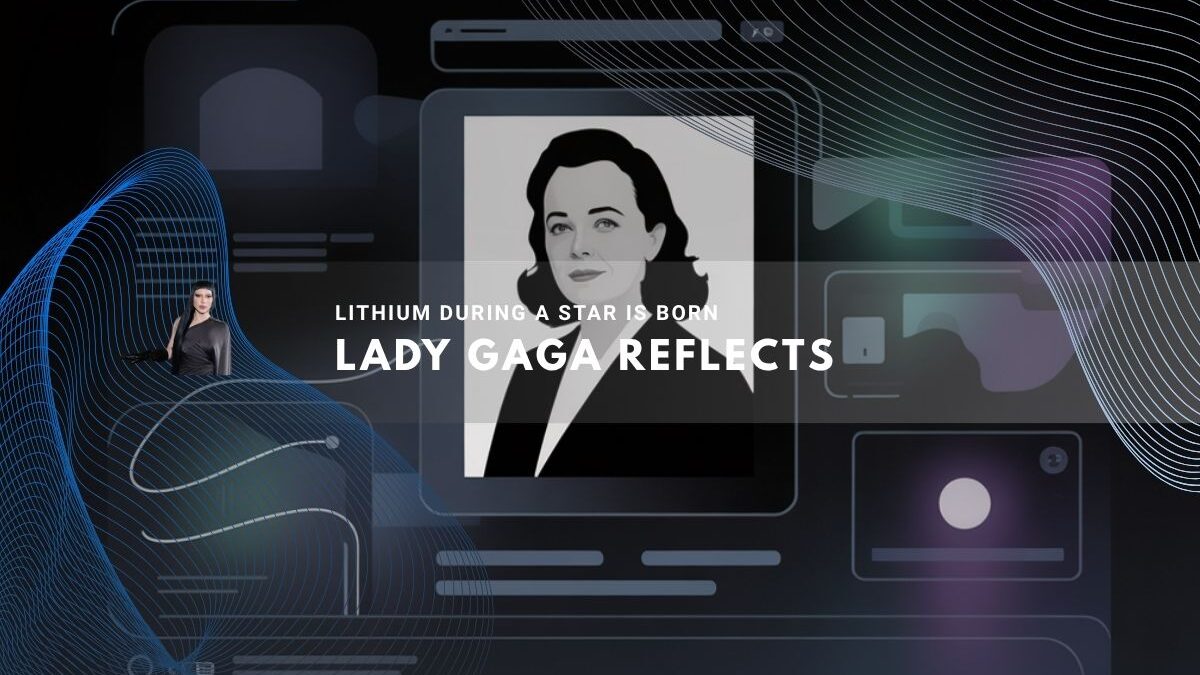 Lady Gaga beside a digital portrait on a dark abstract background