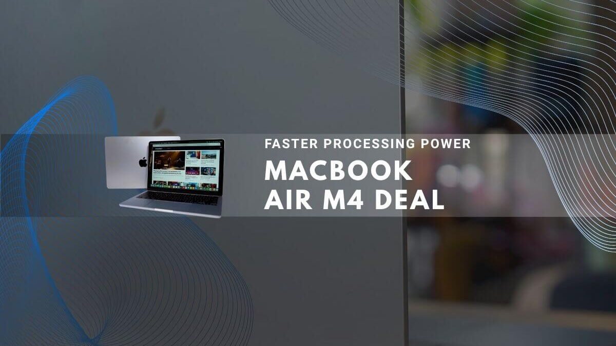 Silver MacBook Air with blue and gray abstract lines promoting the M4 chip deal.