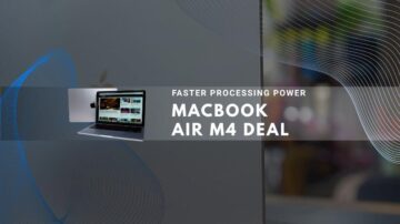 Silver MacBook Air with blue and gray abstract lines promoting the M4 chip deal.