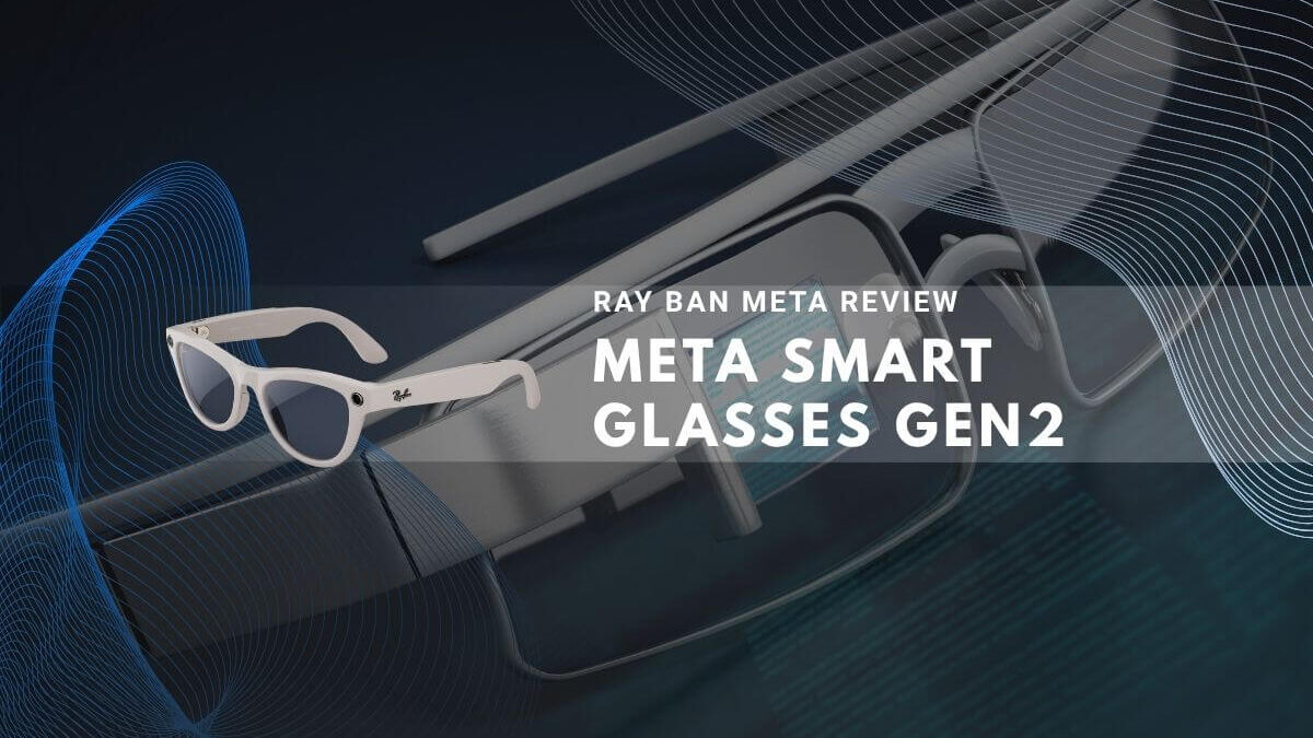 Ray-Ban Meta smart glasses Gen2 in white and dark colors with tech wave background.