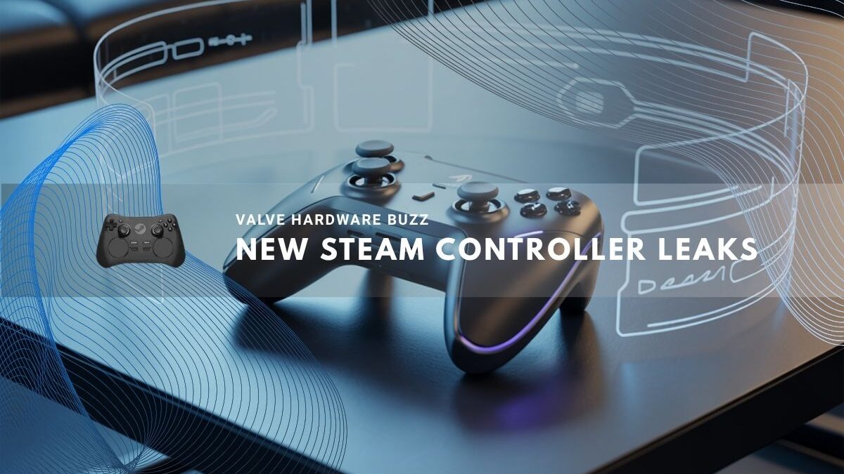 Modern game controller displayed on a sleek table with futuristic digital overlays
