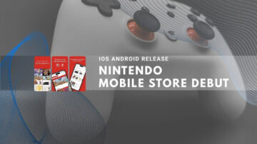 White game controller with phone screenshots for Nintendo Mobile Store debut.