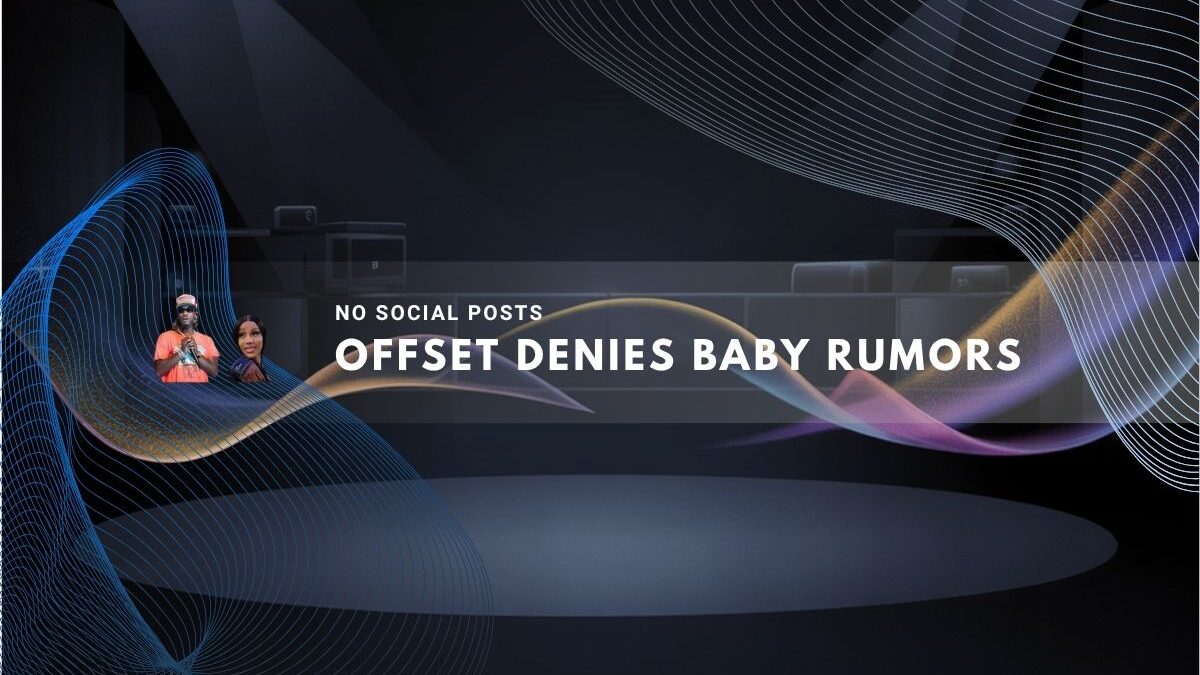 Dimly lit stage with Offset and Cardi B’s images over abstract light waves