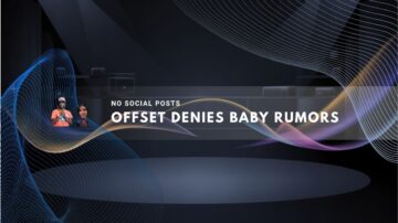 Dimly lit stage with Offset and Cardi B’s images over abstract light waves