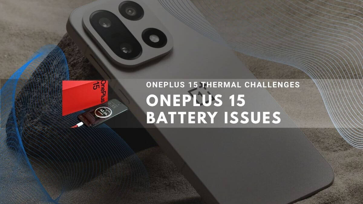 Gray OnePlus 15 smartphone on sand with abstract blue lines highlighting thermal challenges.