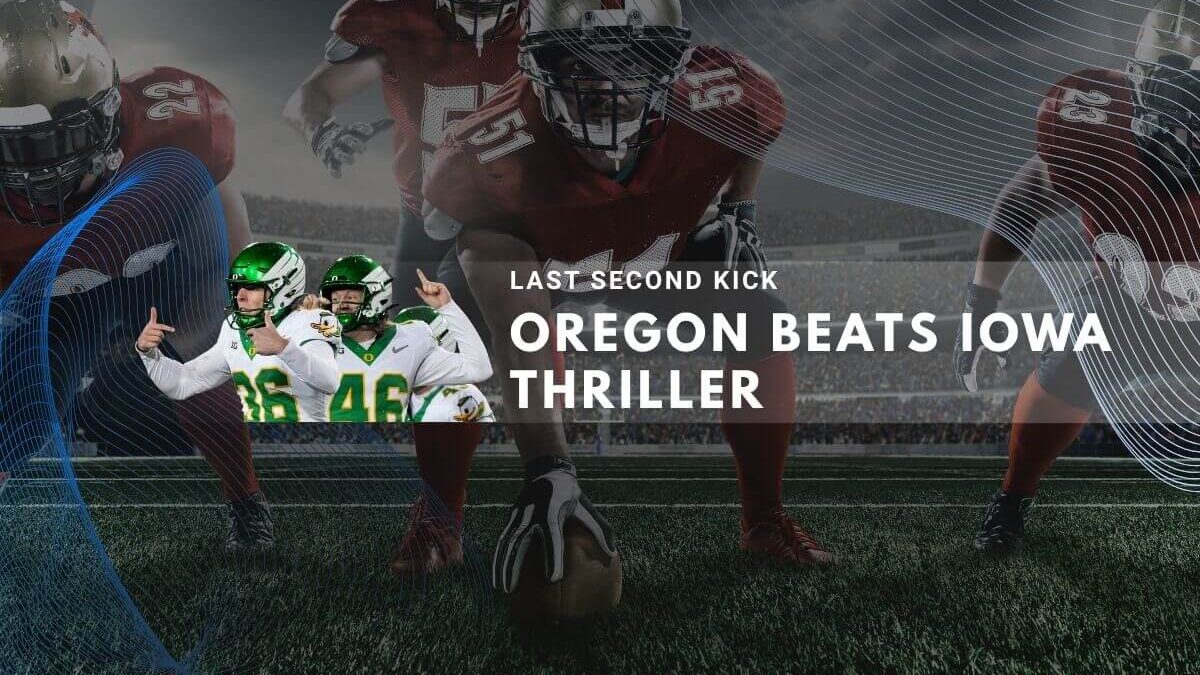 Oregon players celebrate last-second kick victory over Iowa in thrilling football game.
