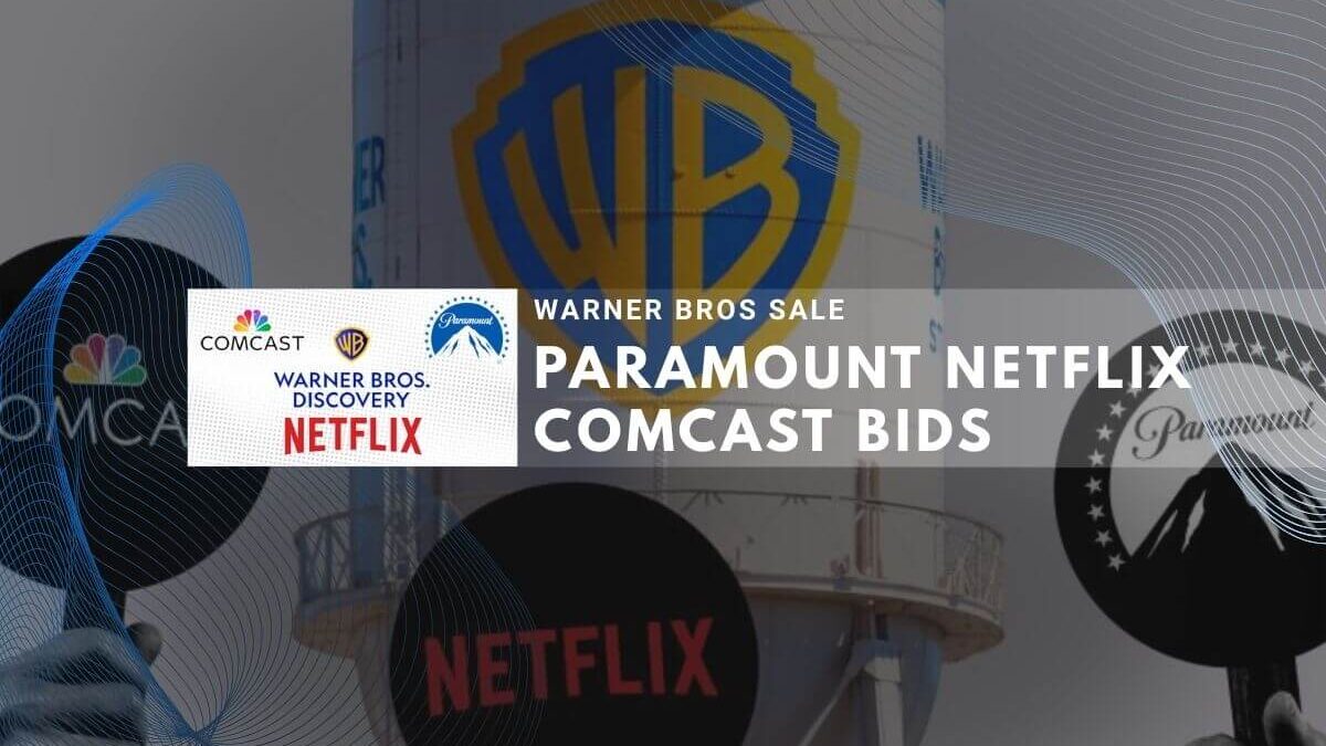 Warner Bros water tower surrounded by bids from Paramount, Netflix and Comcast companies