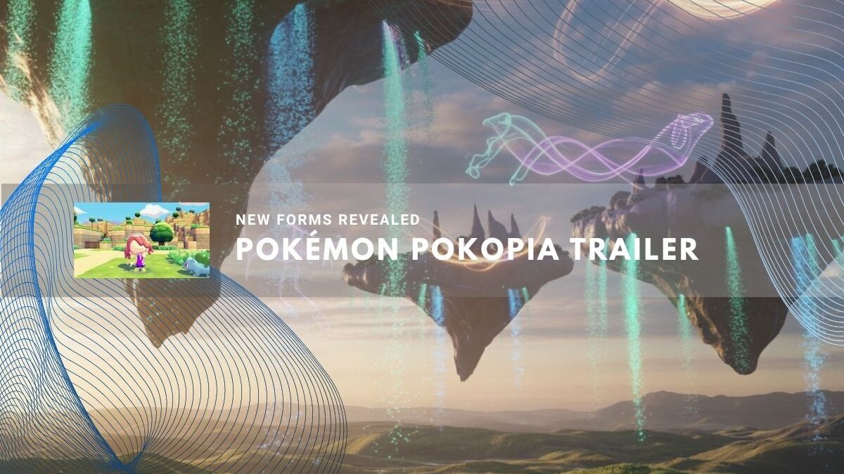 Floating islands with glowing waterfalls and holographic Pokémon-like outlines in the sky.