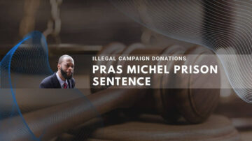 Legal document showing Pras Michel prison sentence for illegal campaign donations with gavel