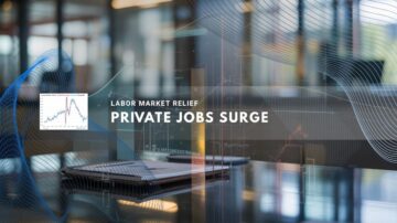 Modern office scene with graphs overlay showing a rise in job growth