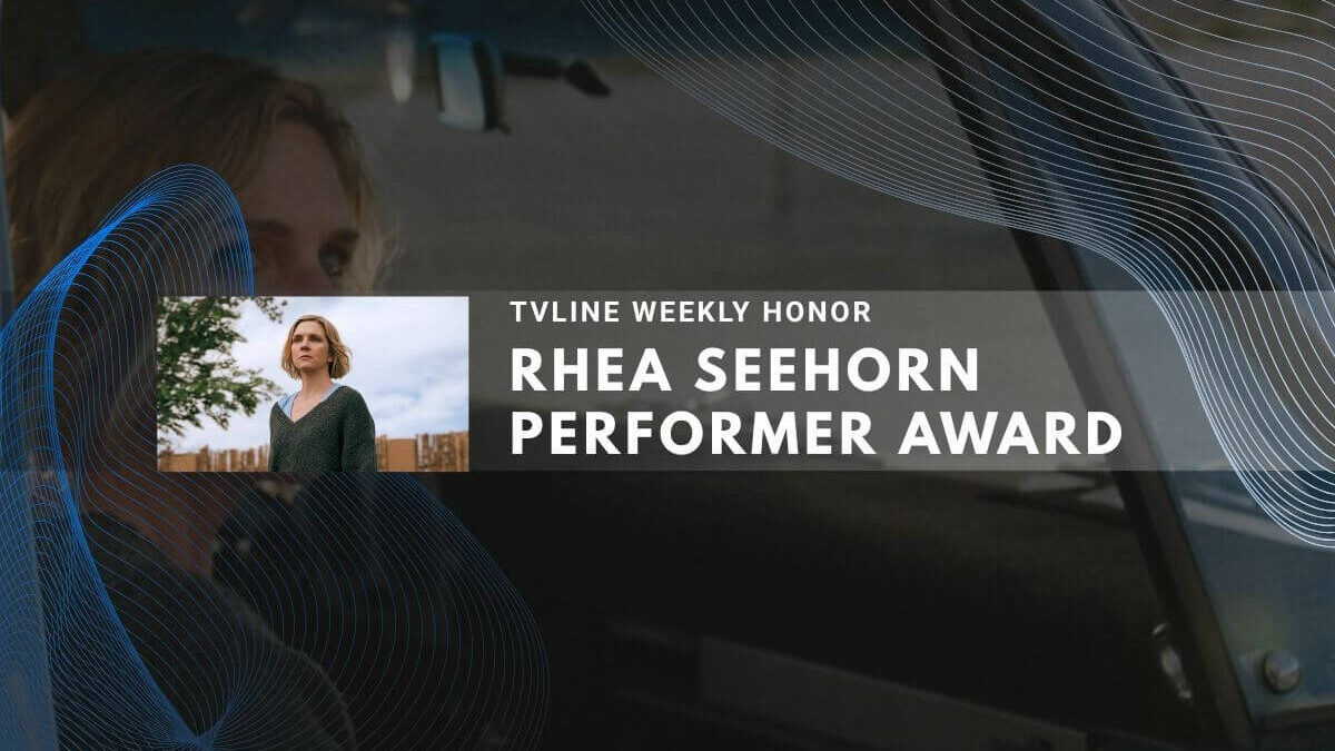 Car rear window scene with Rhea Seehorn performer award text and photo