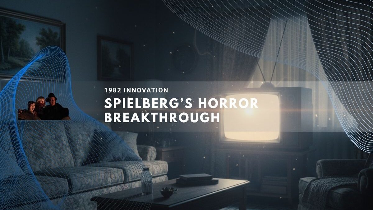 room illuminated by eerie TV glow referencing Spielberg’s 1982 horror success