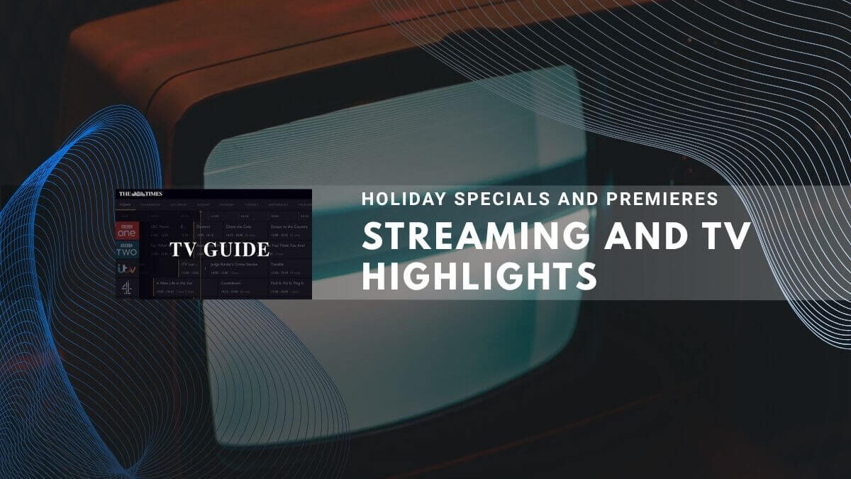 Retro TV with Holiday Specials and TV Guide branding on decorative background