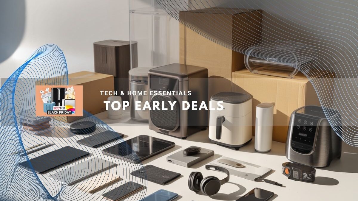 Array of modern gadgets and appliances arranged on a bright table