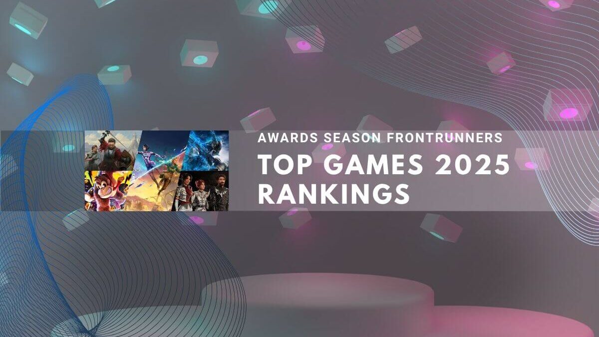 Awards season frontrunners and top games 2025 rankings with colorful graphics.