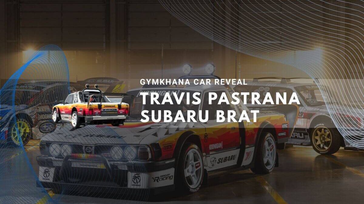 Travis Pastrana's colorful Subaru Brat Gymkhana car reveal in garage setting.