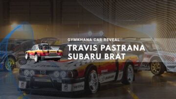 Travis Pastrana's colorful Subaru Brat Gymkhana car reveal in garage setting.