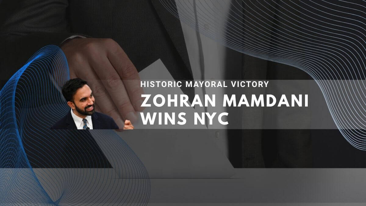 Zohran Mamdani celebrates historic NYC mayoral victory in formal attire against abstract background.