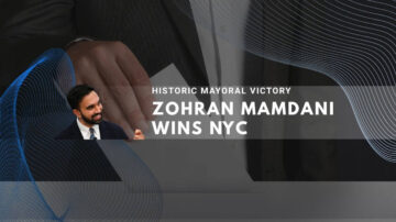 Zohran Mamdani celebrates historic NYC mayoral victory in formal attire against abstract background.
