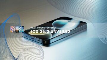 Sleek iPhone on a metallic surface with modern blue abstract