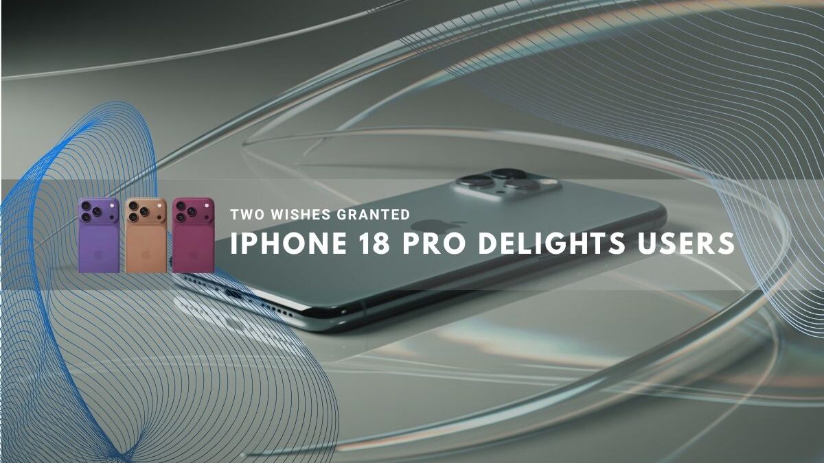 Sleek iPhone 18 Pro lying on reflective surface with colorful light trails.