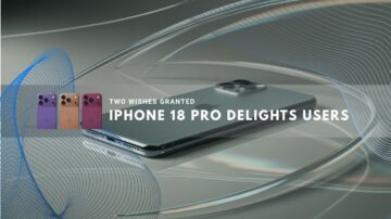 Sleek iPhone 18 Pro lying on reflective surface with colorful light trails.